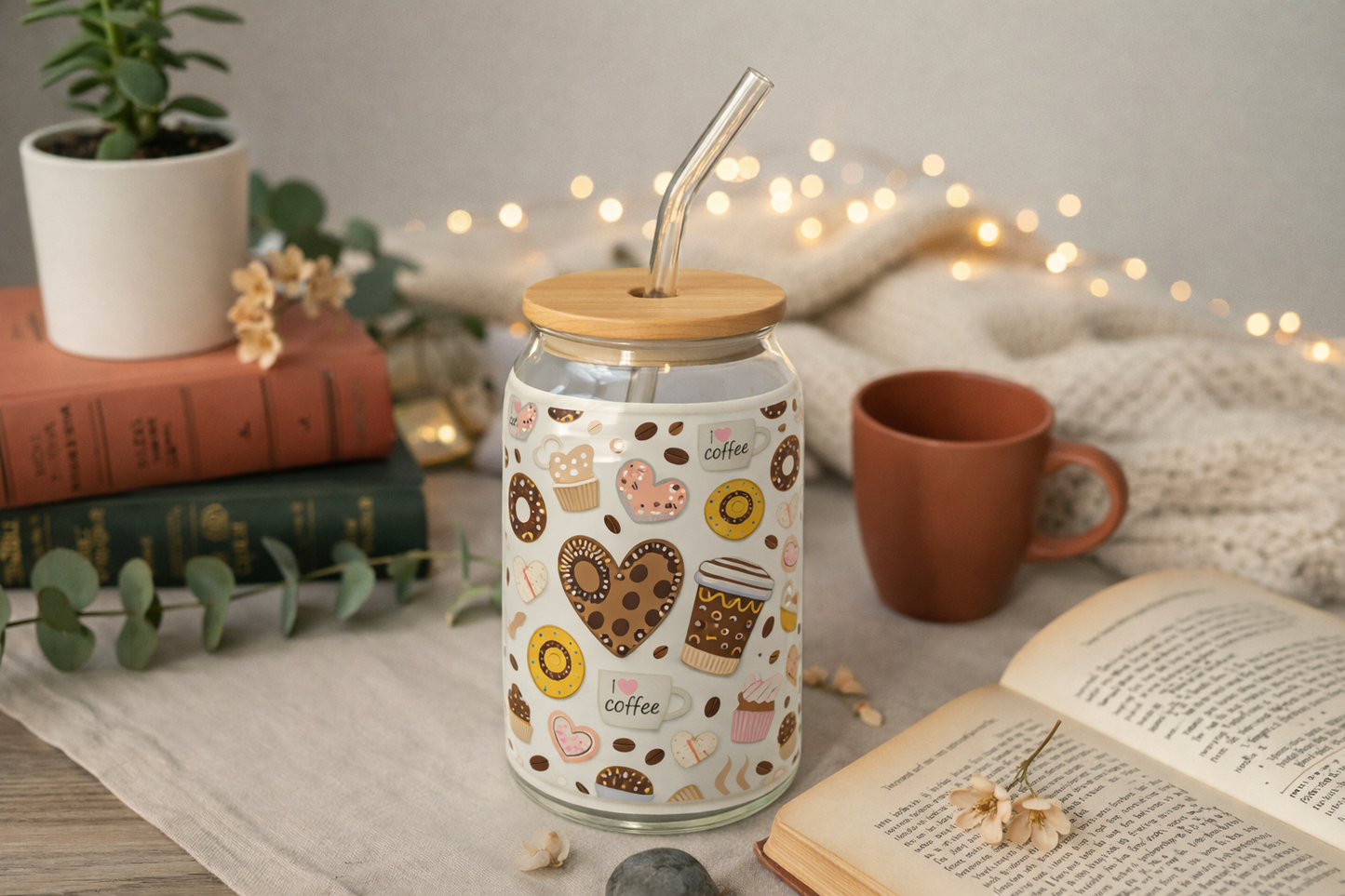 Verre à Café 16oz (473 ml) avec Paille & Couvercle Bambou – Collection Coffee (12 designs)