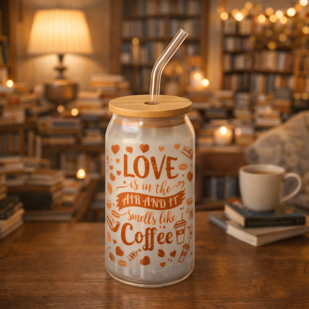 Verre à Café 16oz (473 ml) avec Paille & Couvercle Bambou – Collection Coffee (12 designs)