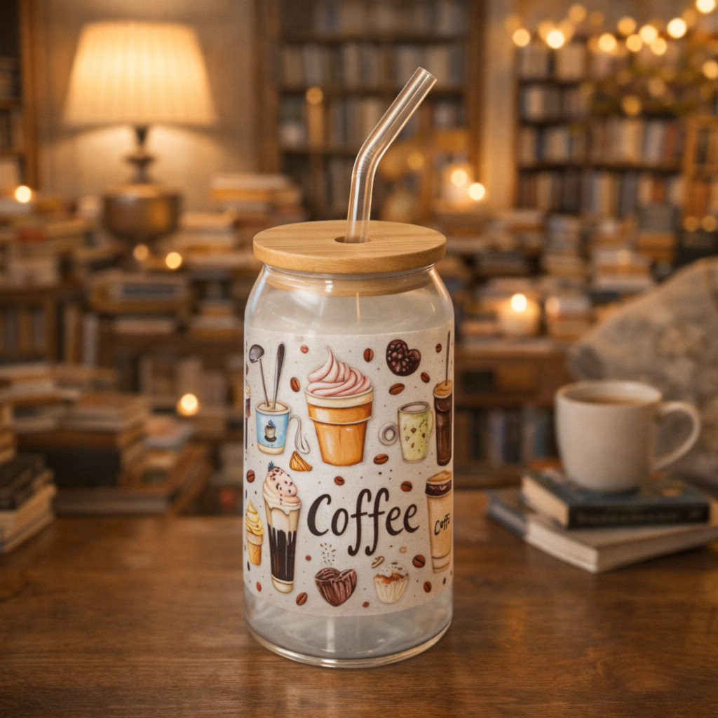 Verre à Café 16oz (473 ml) avec Paille & Couvercle Bambou – Collection Coffee (12 designs)