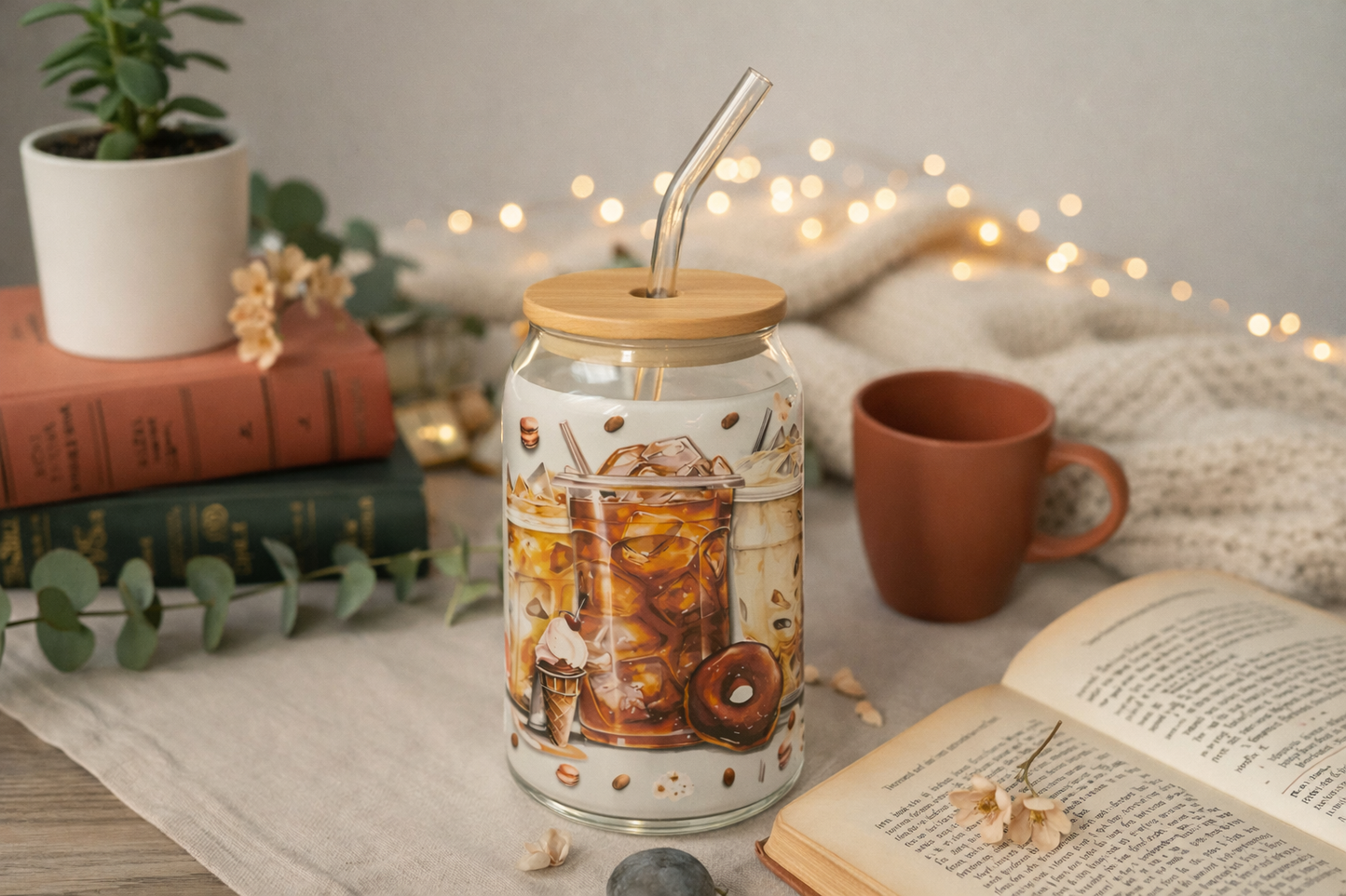 Verre à Café 16oz (473 ml) avec Paille & Couvercle Bambou – Collection Coffee (12 designs)