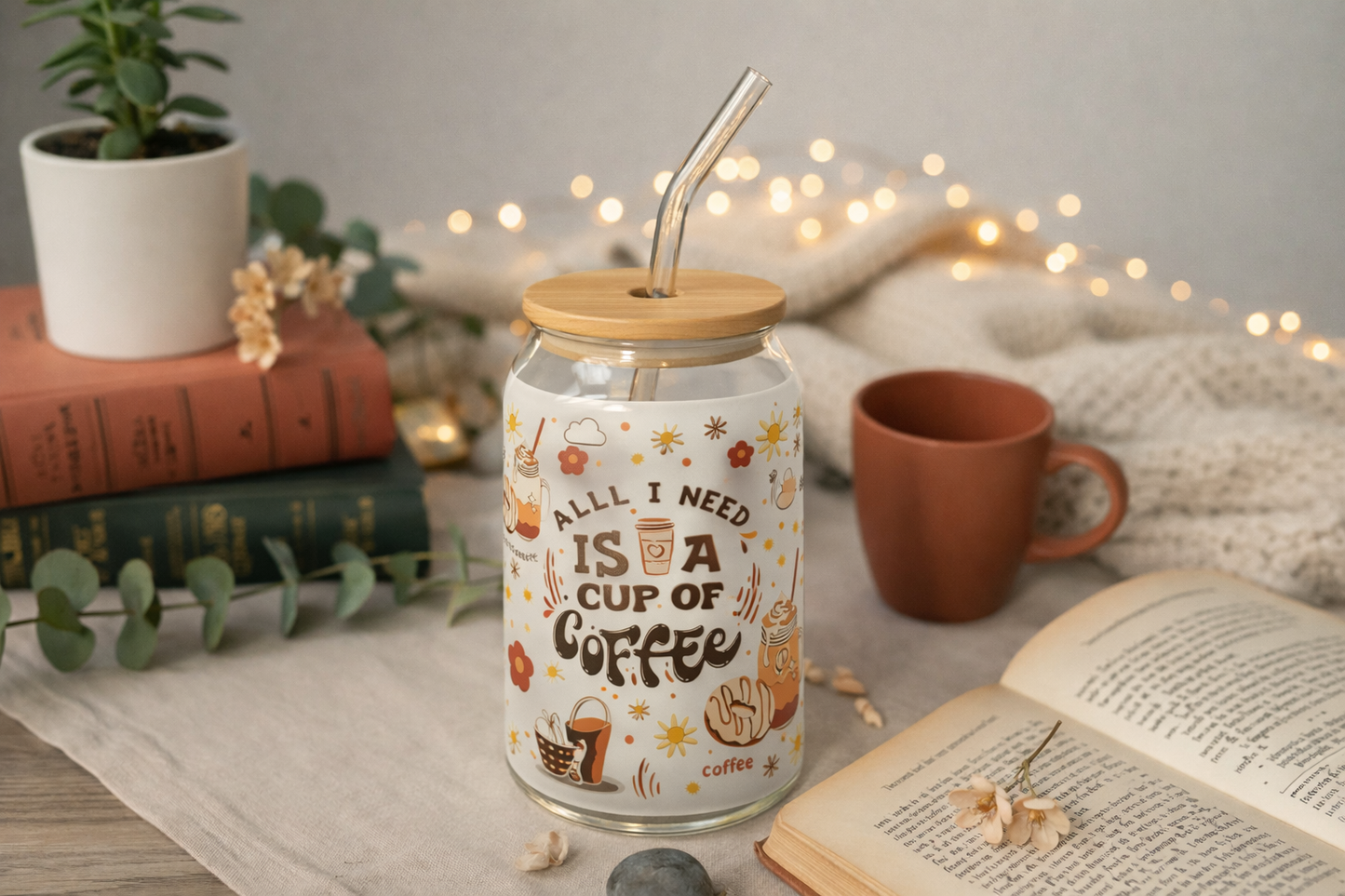 Verre à Café 16oz (473 ml) avec Paille & Couvercle Bambou – Collection Coffee (12 designs)