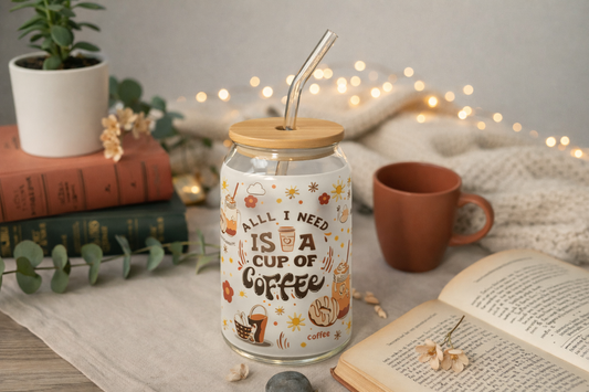 Verre à Café 16oz (473 ml) avec Paille & Couvercle Bambou – Collection Coffee (12 designs)