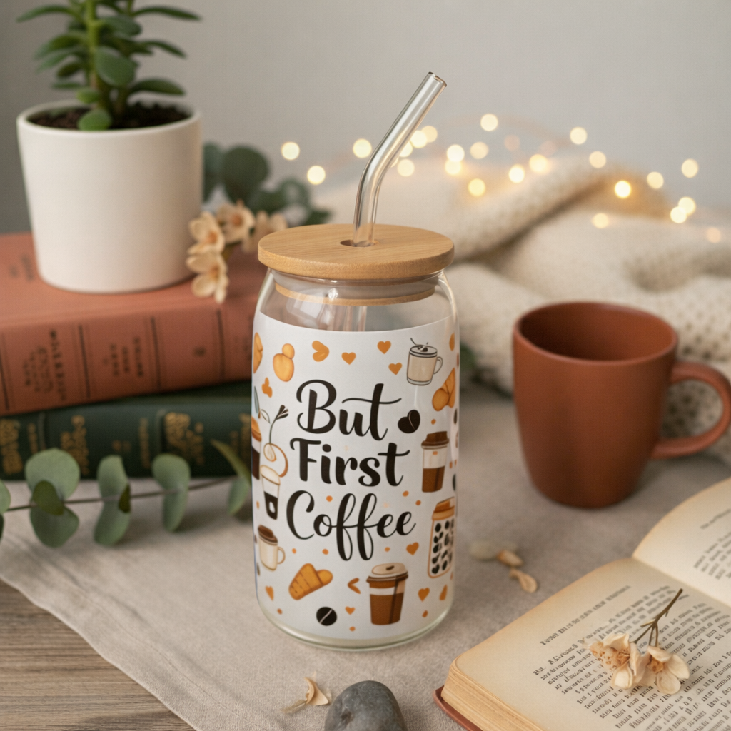 Verre à Café 16oz (473 ml) avec Paille & Couvercle Bambou – Collection Coffee (12 designs)