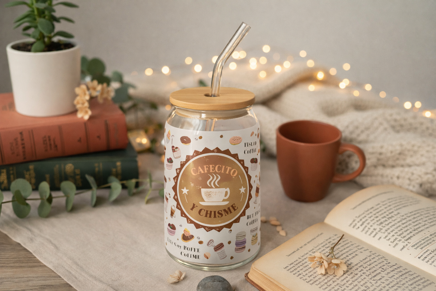 Verre à Café 16oz (473 ml) avec Paille & Couvercle Bambou – Collection Coffee (12 designs)