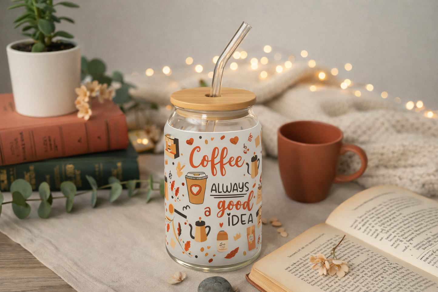 Verre à Café 16oz (473 ml) avec Paille & Couvercle Bambou – Collection Coffee (12 designs)