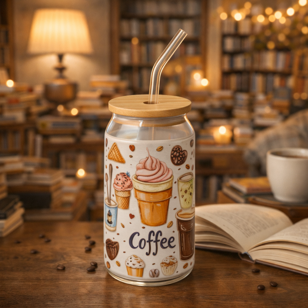 Verre à Café 16oz (473 ml) avec Paille & Couvercle Bambou – Collection Coffee (12 designs)