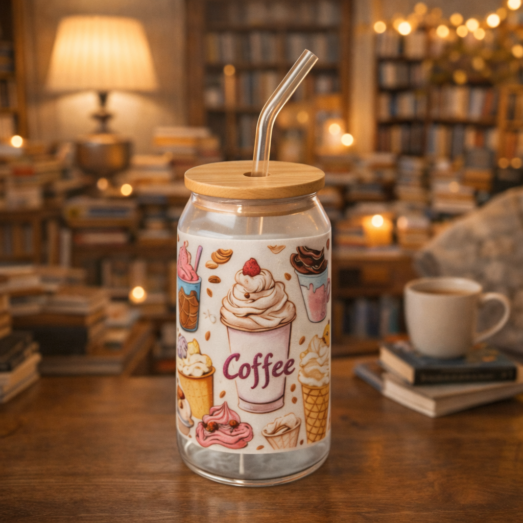 Verre à Café 16oz (473 ml) avec Paille & Couvercle Bambou – Collection Coffee (12 designs)