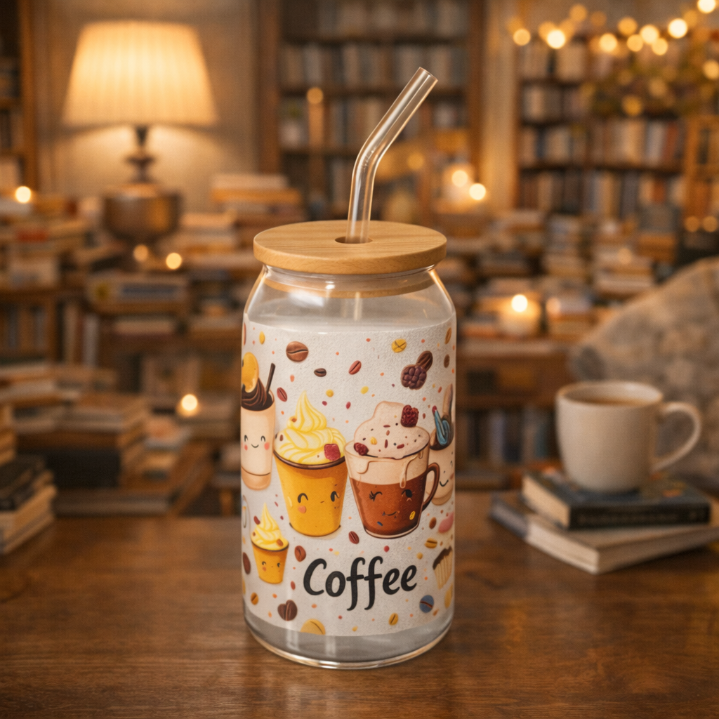 Verre à Café 16oz (473 ml) avec Paille & Couvercle Bambou – Collection Coffee (12 designs)