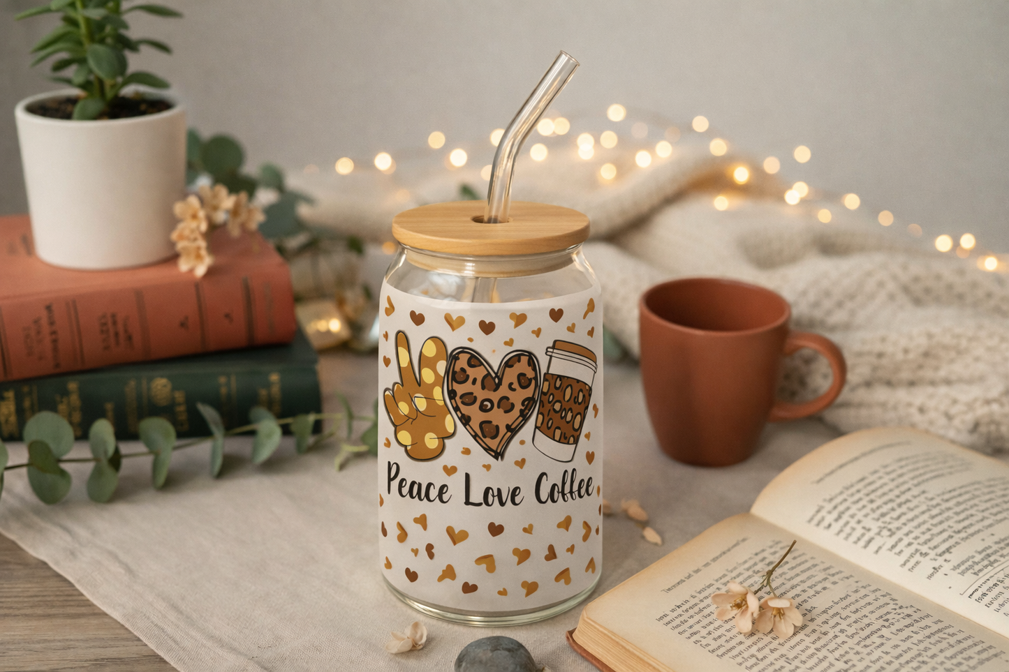 Verre à Café 16oz (473 ml) avec Paille & Couvercle Bambou – Collection Coffee (12 designs)